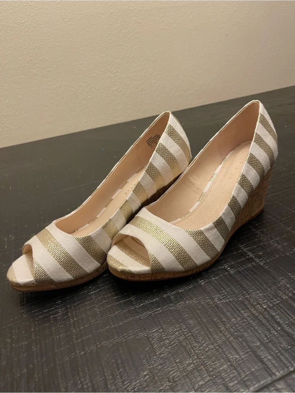 Wedge Peep-Toe Pumps in Cream and Gold Stripe